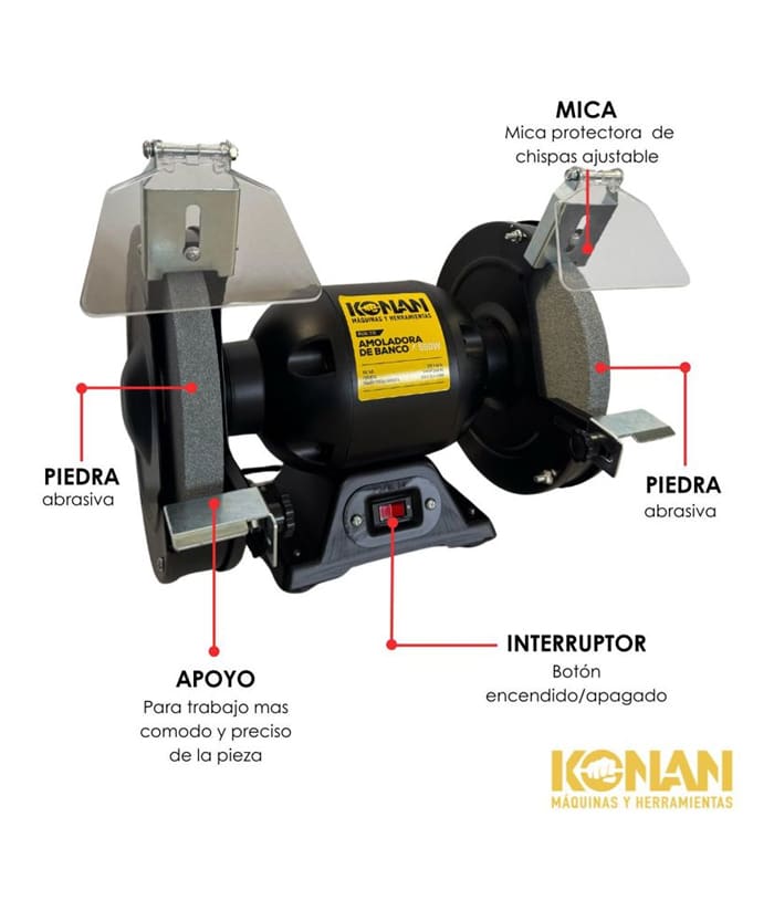 Amoladora de Banco Eléctrica 550W 200mm 8" + 2 Piedras Abrasivas Konan KAB/200 - Imagen 4