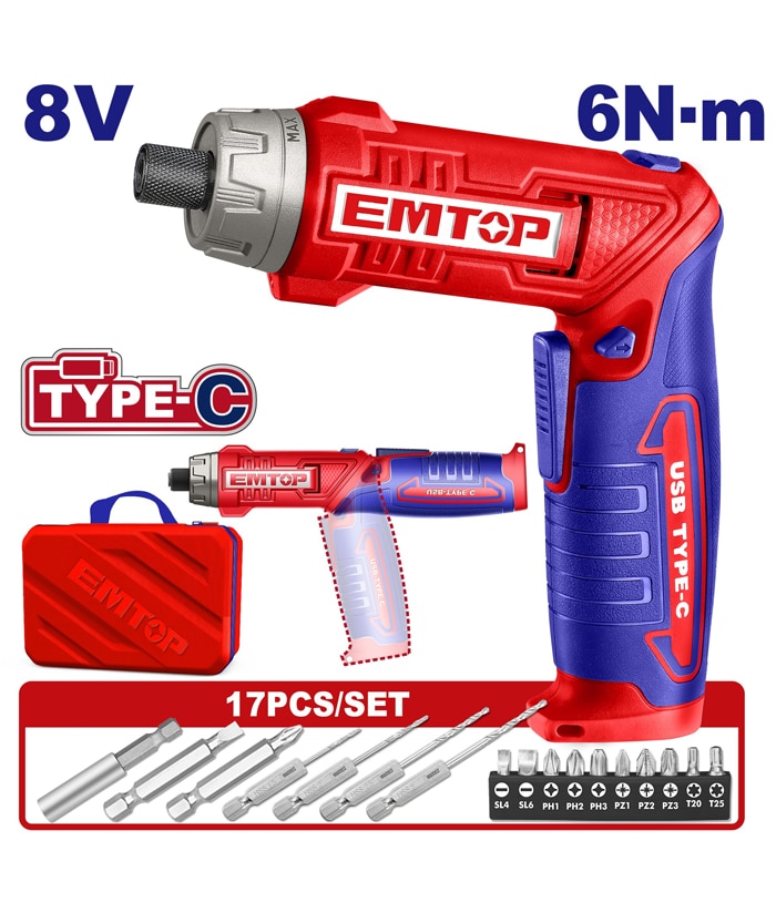 Atornillador a Batería Inalámbrico Recargable 8V 6Nm + Accesorios x 17pzs Emtop Rojo/Azul ECSR0803