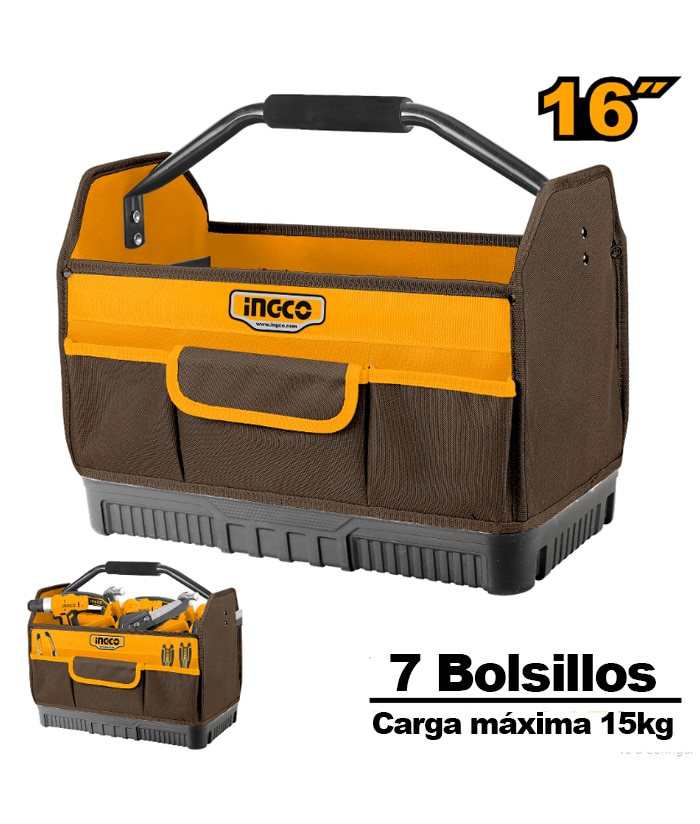 Bolso Abierto Porta Herramientas Base Rígida 16″ Hasta 15kg Ingco Naranja/Amarillo HTBGL04