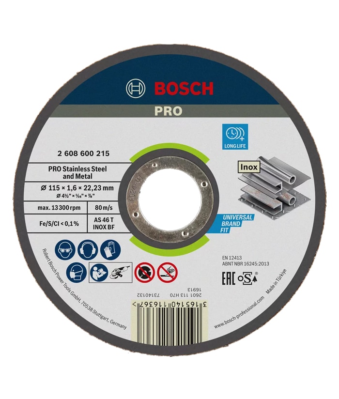 Disco de Corte Rápido Para Acero Inoxidable Metal 115mm x 1.6mm Bosch 2608600215