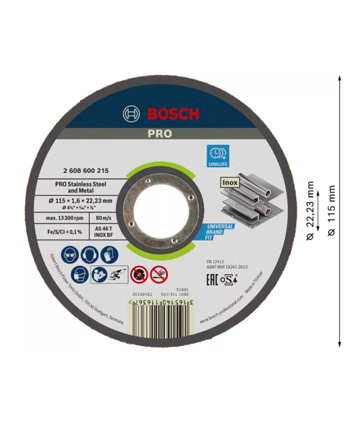 Disco de Corte Rápido Para Acero Inoxidable Metal 115mm x 1.6mm Bosch 2608600215 - Imagen 2