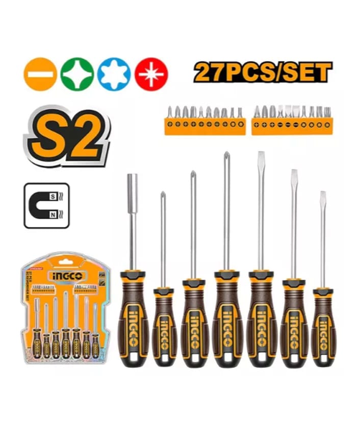 Juego Set Kit Destornilladores + Puntas Variables x 27Pzs Ingco HKSDS2728