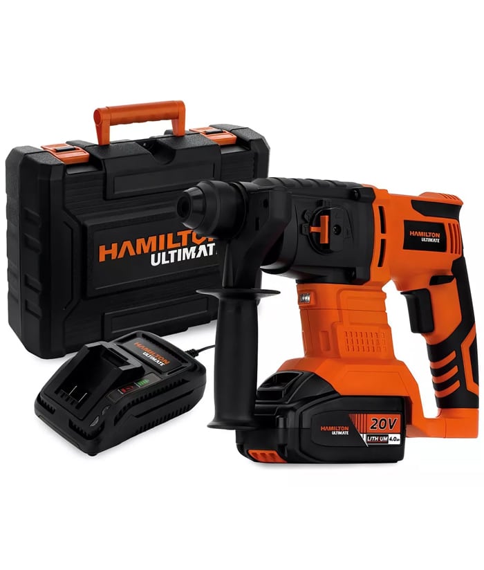 Rotomartillo Taladro Cincelador a Batería Inalámbrico 20V SDS-Plus 2 Joules + Batería 4.0Ah Amper + Cargador Rápido + Maletín Hamilton Utilmate ULT130