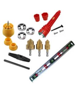Combo Kit Set Plomero Terraja Para Taladro Rosca PVC Plomería RU40100 + 3 Mechas Escalonadas Broca Fresa Titanio Para Caños de PVC + Extractor de Roscas Rotas 1/2″ y 3/4″ Válvulas Canillas Plomería RU16039 + Llave Lavatorio + Nivel Plomero Ruhlmann