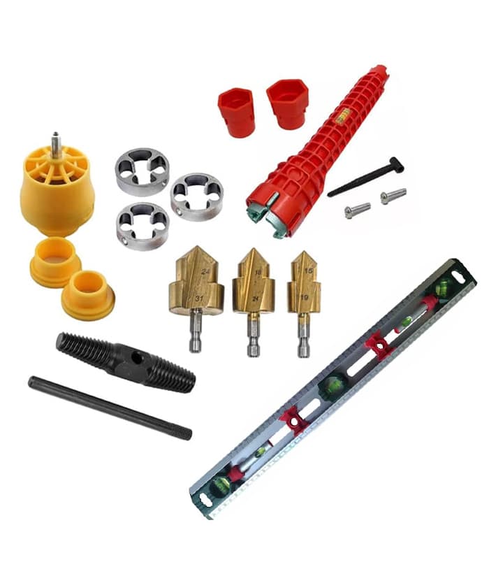 Combo Kit Set Plomero Terraja Para Taladro Rosca PVC Plomería RU40100 + 3 Mechas Escalonadas Broca Fresa Titanio Para Caños de PVC + Extractor de Roscas Rotas 1/2″ y 3/4″ Válvulas Canillas Plomería RU16039 + Llave Lavatorio + Nivel Plomero Ruhlmann