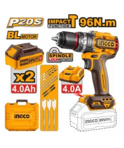 Taladro Atornillador Con Percutor 96Nm A Batería Inalámbrico 13mm 20V Motor Brushless + 2 Baterías 4.0Ah Amper + Cargador + Maletín Ingco Naranja/Amarillo CIDLI20968-4