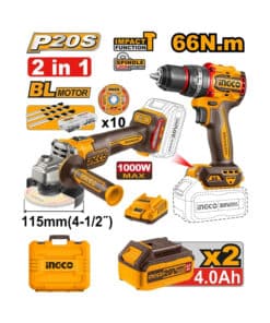 Combo 2 en 1 Amoladora Angular a Batería Inalámbrica 115mm 20V Motor Brushless + Taladro Atornillador Con Percutor 66Nm A Batería Inalámbrico 20V Motor Sin Carbones Brushless Ingco + Baterías 4.0Ah Amper + Cargador + Discos + Maletín Ingco Naranja/Amarillo CKLI20273-4