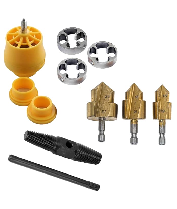 Combo Set Kit Plomero Terraja Para Taladro Rosca PVC Plomería RU40100 + 3 Mechas Escalonadas Broca Fresa Titanio Para Caños de PVC + Extractor de Roscas Rotas 1/2″ y 3/4″ Válvulas Canillas Plomería RU16039