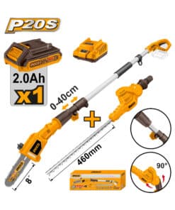 Cortacerco Podadora de Altura a Batería Inalámbrico 460mm 20V + Motosierra de Altura a Batería 8" 200mm + Batería 2.0Ah Amper + Cargador Ingco Naranja/Amarillo CPTS201681-4