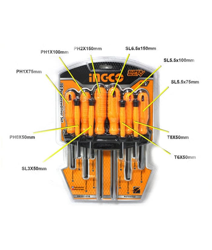 Juego Set Kit Destornilladores y Destornilladores Perilleros de Precisión x 10pzs Ingco Naranja/Amarillo HKSD1058 - Imagen 3