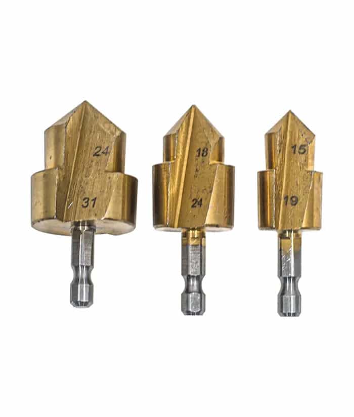Juego Set Kit 3 Mechas Escalonadas Broca Fresa Titanio Para Caños de PVC Para Recuperar y Arreglar Piezas de Termofusión Plomero Plomería Ruhlmann RU56510