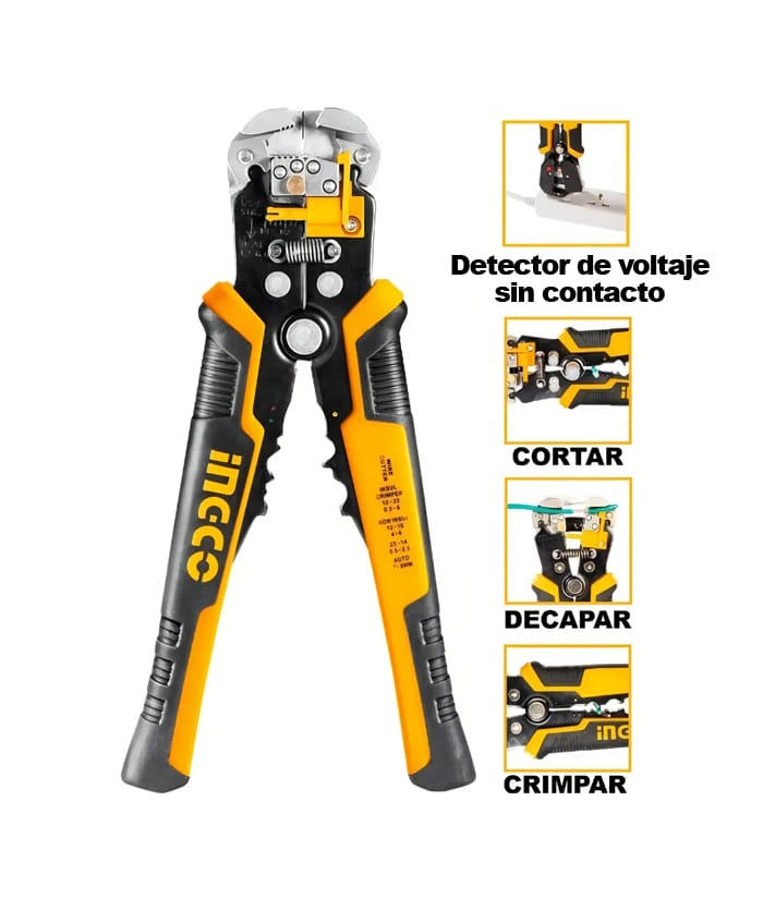 Pinza Pelacables Automática 210mm 8-1/4" Crimpeadora Con Detector de Voltaje 4 en 1 Ingco Naranja/Amarillo HWSP102429 - Imagen 3