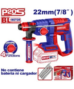 Rotomartillo a Batería Inalámbrico 4 Funciones 20V SDS-Plus Motor Brushless Sin Carbones 2 Joules Emtop Rojo/Azul ELRH20208