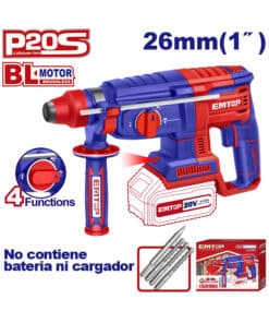 Rotomartillo SDS Plus a Batería Inalámbrico 20V 4 Funciones 26mm 2,5J Solo Motor Brushless Emtop Rojo/Azul ELRH20228
