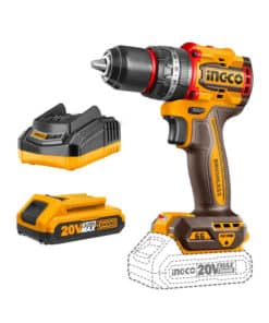 Combo Taladro Atornillador Con Percutor 66Nm + Cargador 2.0Ah Amper + Cargador A Batería Inalámbrico 20V Motor Sin Carbones Brushless CIDLI206681 Naranja/Amarillo Ingco