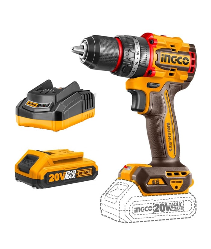Combo Taladro Atornillador Con Percutor 66Nm + Cargador 2.0Ah Amper + Cargador A Batería Inalámbrico 20V Motor Sin Carbones Brushless CIDLI206681 Naranja/Amarillo Ingco