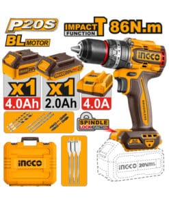 Taladro Atornillador Con Percutor 86Nm A Batería Inalámbrico 20V Motor Sin Carbones Brushless + Batería 4.0Ah + Batería 2.0Ah Amper + Cargador + Maletín Ingco Naranja/Amarillo CIDLI20868-4