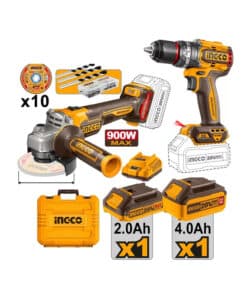 Combo Amoladora Angular a Batería Inalámbrica 115mm 20V Motor Brushless + Taladro Atornillador Con Percutor 96Nm A Batería Inalámbrico 20V Motor Sin Carbones Brushless Ingco + Batería 4.0 Batería 2.0Ah Amper + Cargador + Discos + Maletín Ingco Naranja/Amarillo CDSLI241298-1