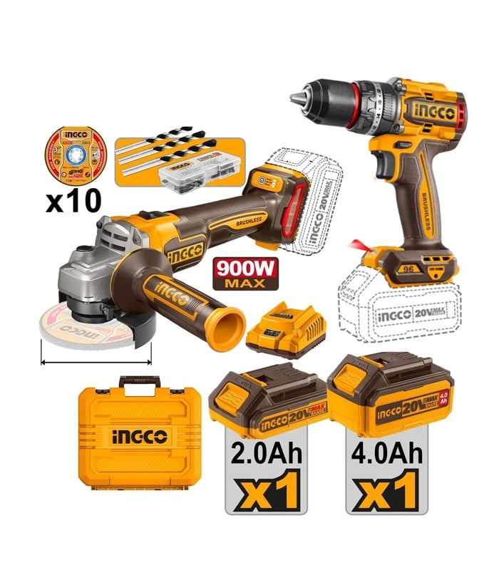 Combo Amoladora Angular a Batería Inalámbrica 115mm 20V Motor Brushless + Taladro Atornillador Con Percutor 96Nm A Batería Inalámbrico 20V Motor Sin Carbones Brushless Ingco + Batería 4.0 Batería 2.0Ah Amper + Cargador + Discos + Maletín Ingco Naranja/Amarillo CDSLI241298-1