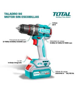 Alternative view of Combo Taladro Atornillador Con Percutor 96Nm A Batería Inalámbrico 13mm 20V Motor Brushless + 2 Baterías 4.0Ah Amper + Cargador + Maletín Total TIDLI20968-4