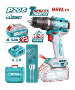 Combo Taladro Atornillador Con Percutor 96Nm A Batería Inalámbrico 13mm 20V Motor Brushless + 2 Baterías 4.0Ah Amper + Cargador + Maletín Total TIDLI20968-4