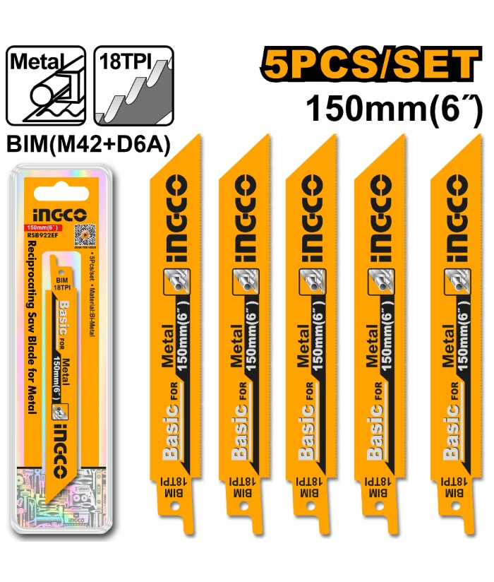 Juego Set Kit 5 Hojas de Sierra Caladora Para Metal 6" 150mm Ingco RSB922EF