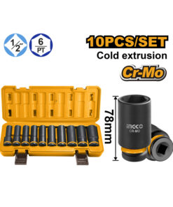 Juego Set Kit Tubos de Impacto Largos 1/2" x 10pzs Ingco Naranja/Amarillo HKISSD12102L