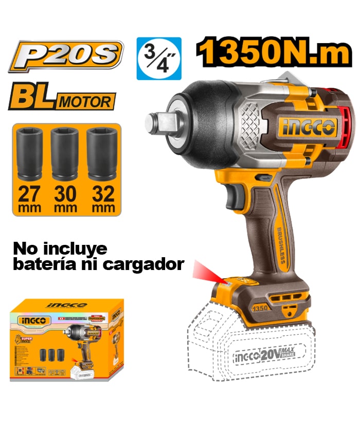 Llave Pistola de Impacto a Batería Inalámbrica Encastre 3/4″ 1350 Nm 20V Motor Brushless Ingco Naranja/Amarillo CIWLI201351