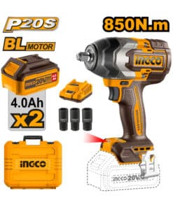 Llave de Impacto Inalámbrica 20V Sin Carbones 1/2″ 850Nm Motor Brushless + Tubos + 2 Baterías 4.0Ah Amper + Cargador Rápido + Maletín Ingco Naranja/Amarillo CIWLI2085-4