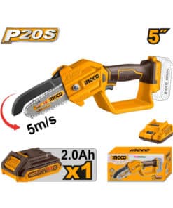 Mini Motosierra Electrosierra a Batería Inalámbrica Compacta 5″ 20V + Batería 2.0Ah Amper + Cargador Ingco Naranja/Amarillo CGSLI20581-4