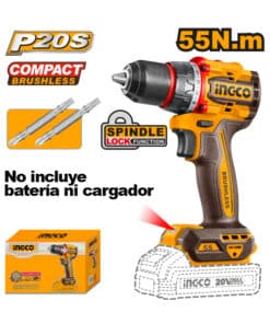 Taladro Atornillador 55Nm a Batería Inalámbrico 20V Motor Sin Carbones Brushless Ingco Naranja/Amarillo CDLI205581