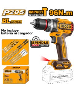 Taladro Atornillador Con Percutor 96Nm a Batería Inalámbrico 13mm 20V Motor Brushless Ingco Naranja/Amarillo CIDLI209681