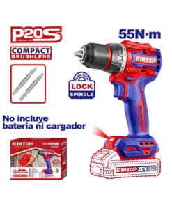 Taladro Atornillador A Batería Inalámbrico Profesional Motor Brushless Sin Carbones Compacto 55Nm Emtop Rojo/Azul ECDL205581