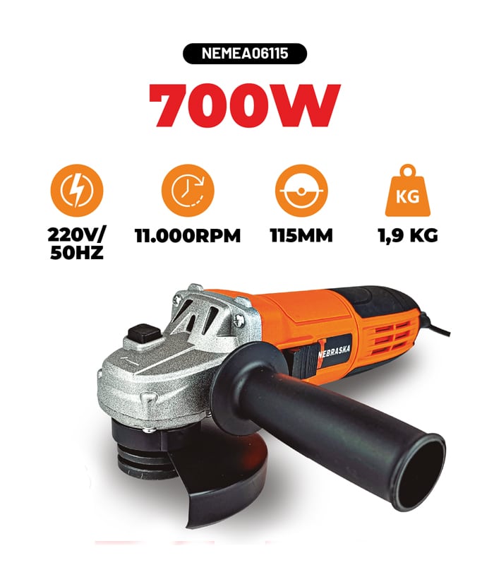 Amoladora Angular Eléctrica 700W 115mm 4 1/2" Nebraska Naranja/Negro NEMEA06115 - Imagen 2