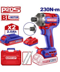 Atornillador de Impacto a Batería Inalámbrica 1/4" 230Nm Motor Brushless + 2 Baterías 2.0Ah Amper + Cargador + Maletín Emtop Rojo/Azul ECIRL2023-4