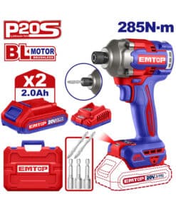 Atornillador de Impacto a Batería Inalámbrica 1/4" 285Nm Motor Brushless + 2 Baterías 2.0Ah Amper + Cargador + Maletín Emtop Rojo/Azul ECIRL2028-4