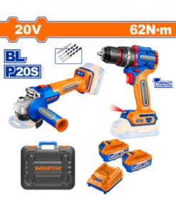 Combo Amoladora Angular a Batería Inalámbrica 115mm 20V Motor Brushless + Taladro Atornillador Con Percutor 62Nm A Batería Inalámbrico 20V Motor Sin Carbones Brushless Wadfow + 2 Baterías 4.0Ah Amper + Cargador + Maletín Wadfow WCK20273-4