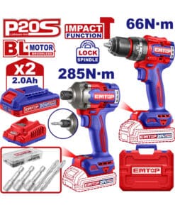 Combo 2 en 1 Atornillador de Impacto a Batería Inalámbrico 20V 285Nm Motor Brushless + Taladro Percutor a Batería Inalámbrico 20V 66Nm Motor Brushless + 2 Baterías 2.0ah Amper + Cargador + Maletín Emtop ECKL20277-4
