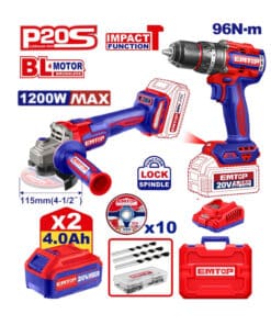 Combo Taladro Atornillador Percutor a Batería 96Nm Motor Brushless + Amoladora 1200W Angular a Batería 115mm Motor Brushless + 2 Baterías 4.0Ah Amper + Cargador + Maletín Emtop COSLI241298-4 eckl