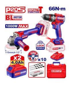 Combo Taladro Atornillador de Impacto a Batería 66Nm Motor Brushless + Amoladora Angular a Batería 115mm Motor Brushless + 2 Baterías 4.0Ah Amper  + Cargador + Maletín Emtop ECKL20273-4