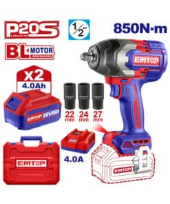 Llave de Impacto a Batería Inalámbrica 1/2" 850Nm Motor Brushless + 2 Baterías 4.0Ah Amper + Cargador Emtop ECIWL2085-4