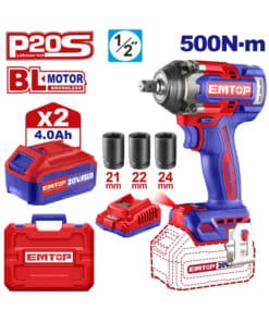 Llave Pistola de Impacto a Batería Inalámbrica 1/2" 500Nm Motor Brushless + 2 Baterías 4.0Ah Amper + Cargador Emtop ECIWL2050-4