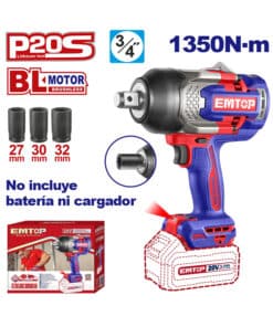 Llave Pistola de Impacto a Batería Inalámbrica 3/4" 1350Nm Motor Brushless Emtop Rojo/Azul ECIWL201351