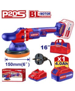 Pulidora Lustradora Lustralijadora Roto Orbital a Batería Inalámbrica 20V 150mm Motor Brushless + Batería 4.0Ah Amper + Cargador + Bolso Emtop Rojo/Azul ELAP20151