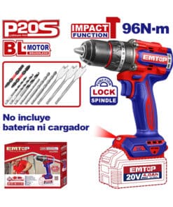 Taladro Atornillador Percutor a Batería Inalámbrico 96Nm 13mm 20V Motor Brushless Sin Carbones Compacto Emtop Rojo/Azul ECIDL209681
