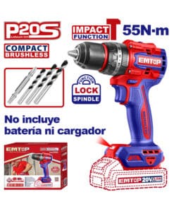 Taladro Atornillador Percutor a Batería Inalámbrico 55Nm 13mm 20V Motor Brushless Sin Carbones Compacto Emtop Rojo/Azul ECIDL205581