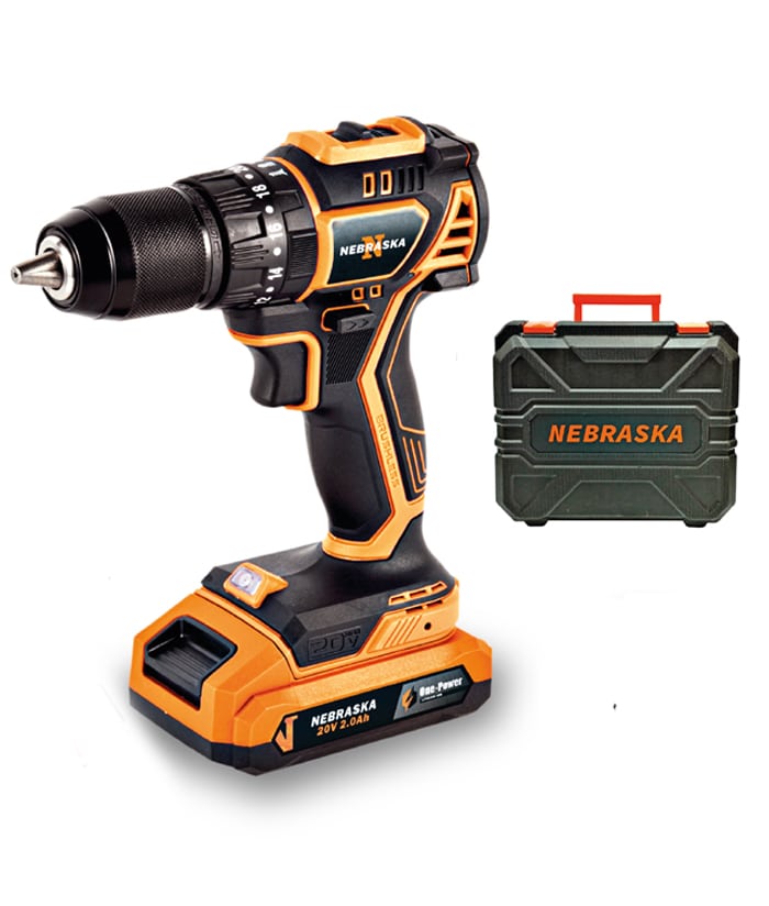 Taladro Percutor a Batería Inalámbrico 13mm 50Nm Motor Brushless + Batería 1.5Ah Amper + Cargador + Maletín Nebraska Naranja/Negro NOPTP20B