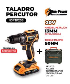 Alternative view of Taladro Percutor a Batería Inalámbrico 13mm 50Nm Motor Brushless + Batería 1.5Ah Amper + Cargador + Maletín Nebraska Naranja/Negro NOPTP20B
