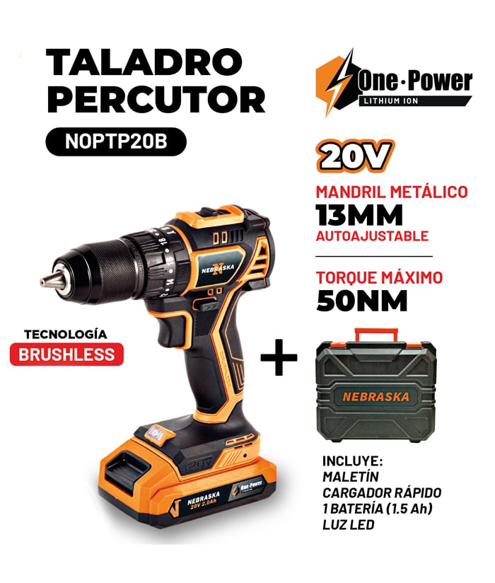 Taladro Percutor a Batería Inalámbrico 13mm 50Nm Motor Brushless + Batería 1.5Ah Amper + Cargador + Maletín Nebraska Naranja/Negro NOPTP20B - Imagen 2