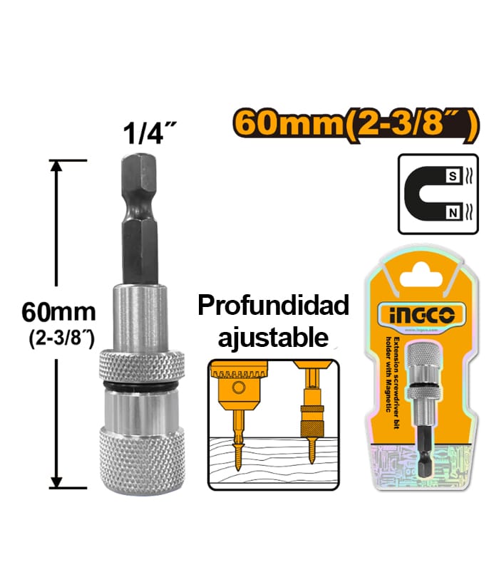 Sujetador Adaptador Porta Puntas Magnético Soporte Con Imán Regulable Encastre 1/4″ Para Taladro Atornillador Ingco ABH50608